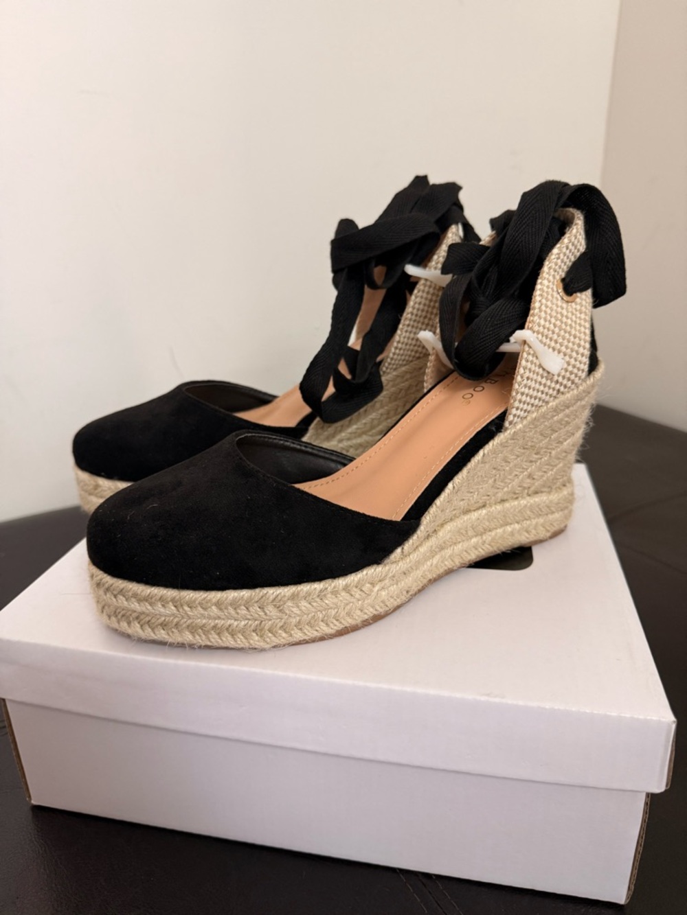 BAMBOO Black Espadrille Wedge Ankle Tie Platform Sandals - Picture 3 of 5